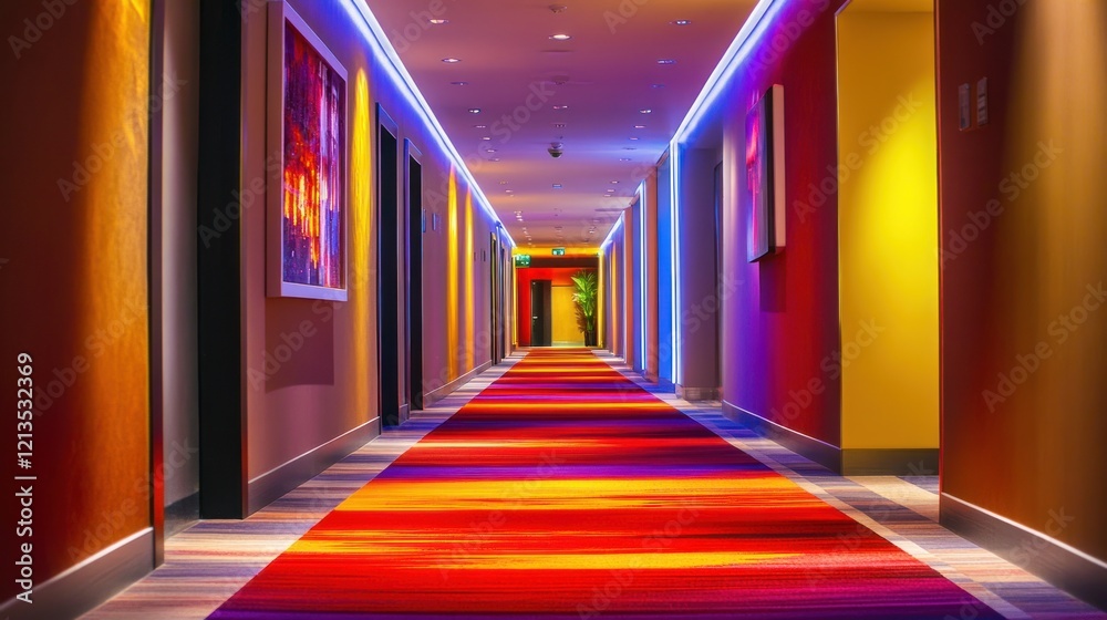 Fototapeta premium Vibrant Hotel Corridor: A Symphony of Colors
