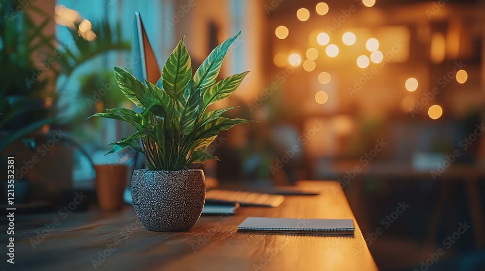 Cozy Home Office Setup with Plants and Notebook Cozy Home Office Setup with Plants and Notebook