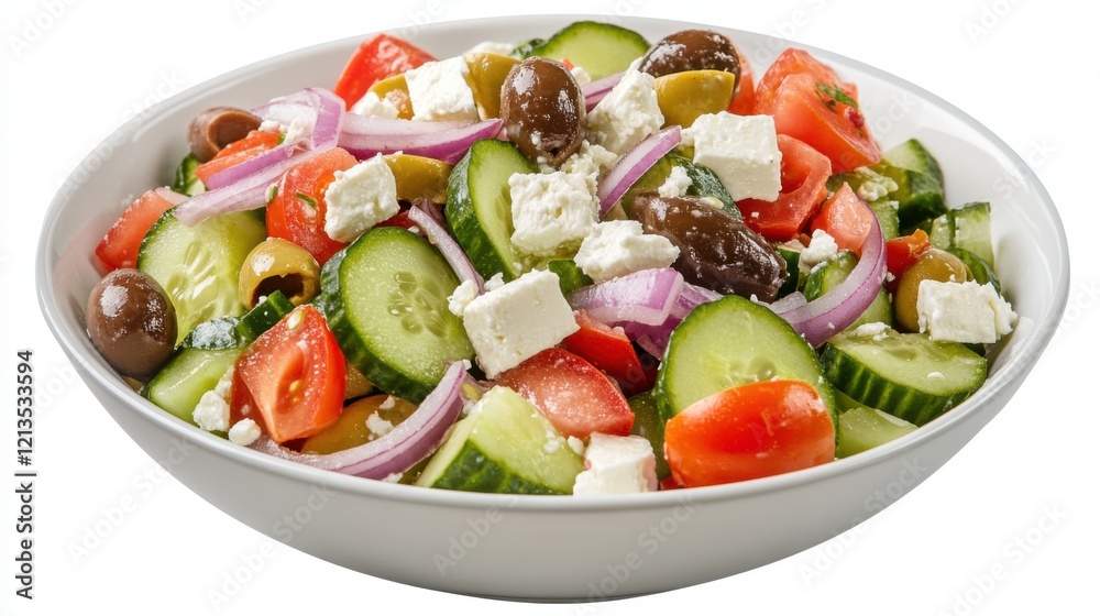 A vibrant bowl of Greek salad with chopped cucumbers, tomatoes, red onions A vibrant bowl of Greek salad with chopped cucumbers, tomatoes, red onions