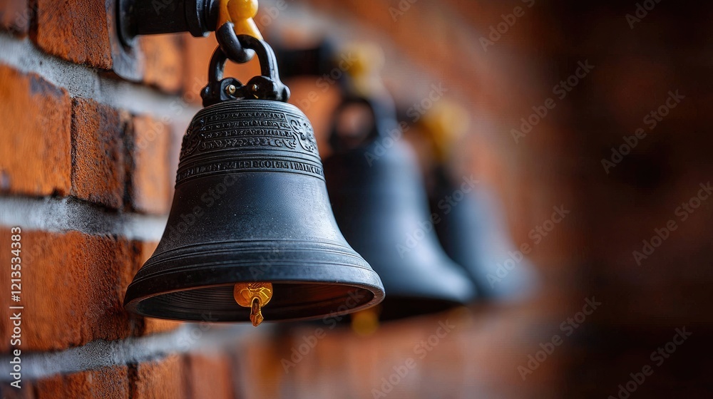 Obraz premium Old bells on brick wall, shallow depth of field, vintage decor
