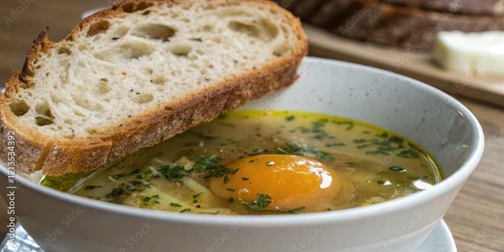 Close-up shot of a slice of crusty bread floating on top of a bowl filled with clear broth and topped with a golden yolk, breakfast, lunch, cuisine, bread, cooking Close-up shot of a slice of crusty bread floating on top of a bowl filled with clear broth and topped with a golden yolk, breakfast, lunch, cuisine, bread, cooking