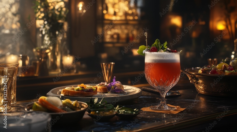 Fototapeta premium Stunning Cocktail Scene in Upscale Bar with Elegant Decor