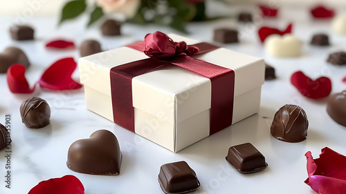 A white box with a red ribbon sits on a table with a variety of chocolates