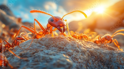 Magnificent Red Ants Colony at Golden Hour photo