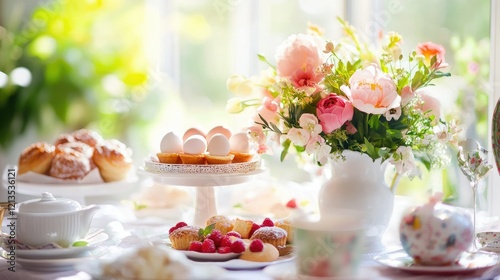 A table set for Easter brunch with eggs, pastries, and flowers in a bright setting.