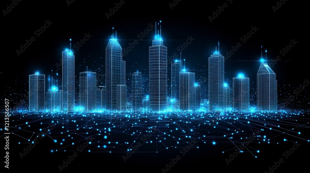 Futuristic city concept showcasing digital wireframe skyscrapers and glowing networks perfect for smart city ads and business illustrations in technology themes Futuristic city concept showcasing digital wireframe skyscrapers and glowing networks perfect for smart city ads and business illustrations in technology themes