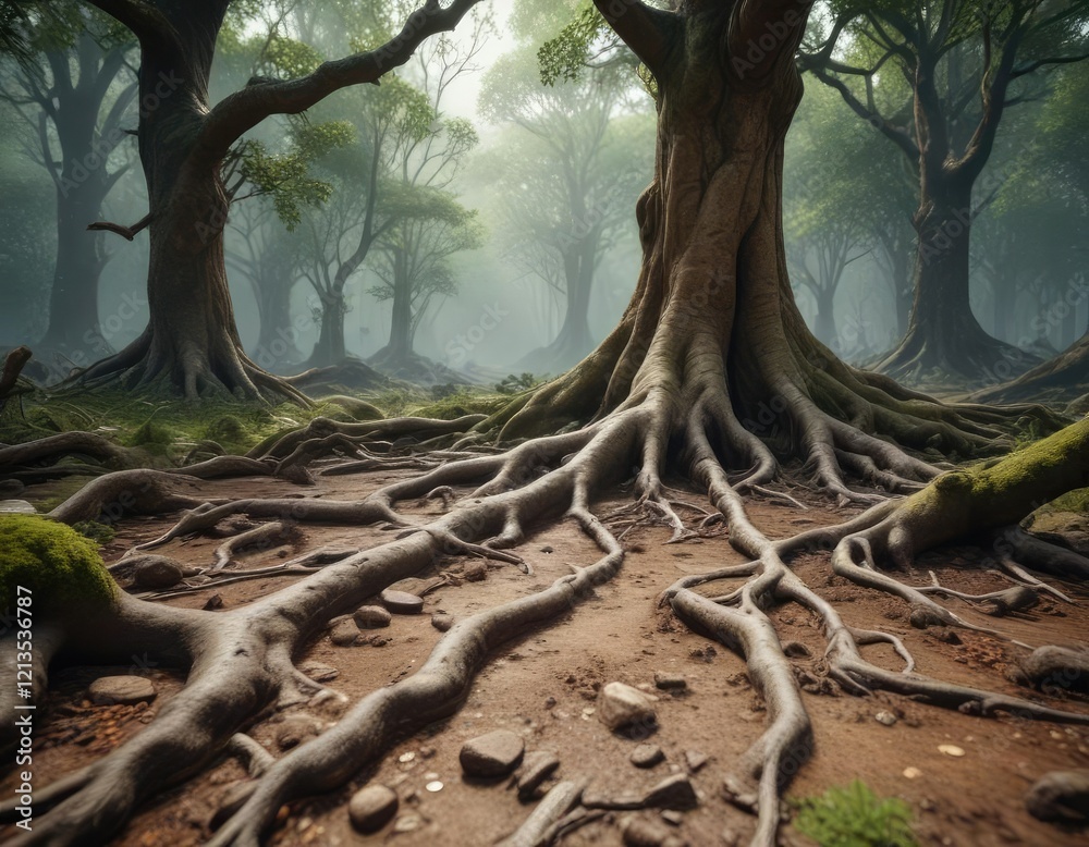 Ancient tree roots spreading across forest floor, overgrown, floor, across Ancient tree roots spreading across forest floor, overgrown, floor, across