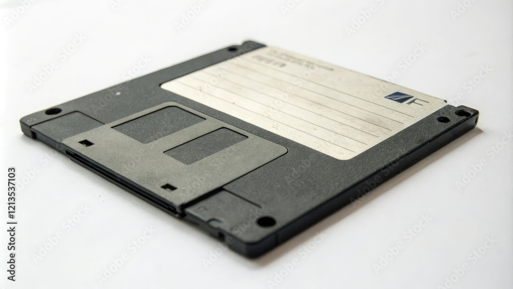 An old floppy disk is isolated on a stark white surface, its label and edges worn smooth by time and use, digital archives, old computer parts An old floppy disk is isolated on a stark white surface, its label and edges worn smooth by time and use, digital archives, old computer parts