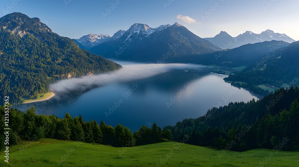 Wide Angle View of Serene Austrian Lake Surrounded by Lush Green Forests and Majestic Mountains Wide Angle View of Serene Austrian Lake Surrounded by Lush Green Forests and Majestic Mountains