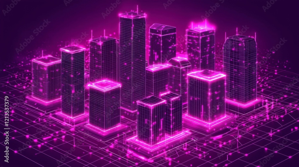 Wireframe cityscape in a futuristic style with neon-lit buildings and digital grids ideal for smart city ads tech-themed visuals and urban business designs Wireframe cityscape in a futuristic style with neon-lit buildings and digital grids ideal for smart city ads tech-themed visuals and urban business designs