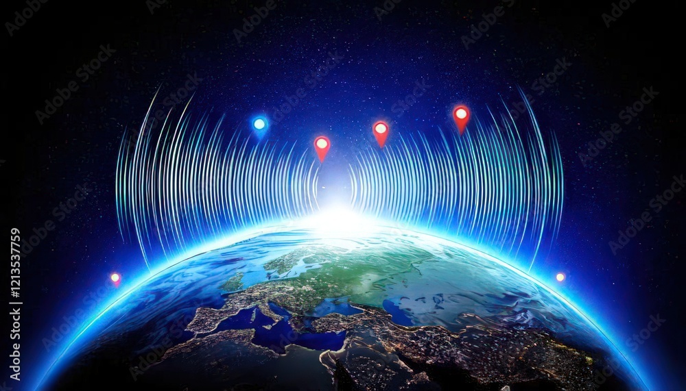 Obraz premium Symbolic Earth with Radiating Sound Waves and Pinpoint Markers, Reflecting Global Radio Entertainment Reach