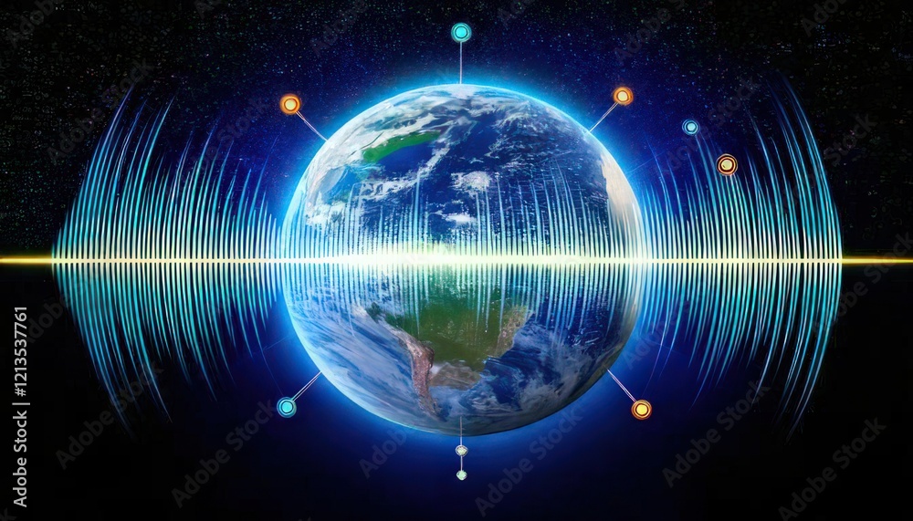 Obraz premium Symbolic Earth with Radiating Sound Waves and Pinpoint Markers, Reflecting Global Radio Entertainment Reach