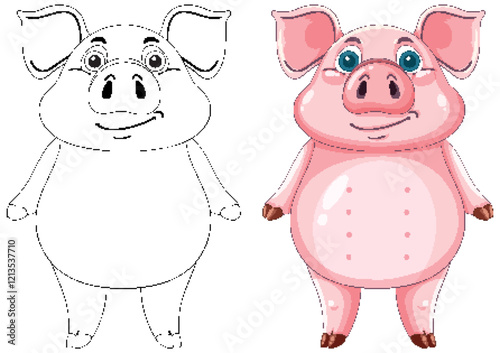 Cute Pig Illustration with Outline