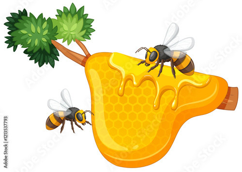 Bees and Honey on a Tree Branch