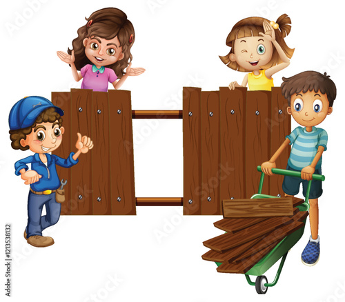Children Building a Wooden Fence Together