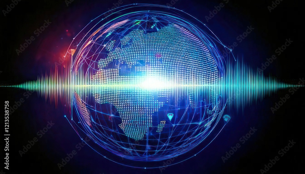 Obraz premium Symbolic Representation of Radio Listeners and Audio Entertainment with Globe and Location Pins