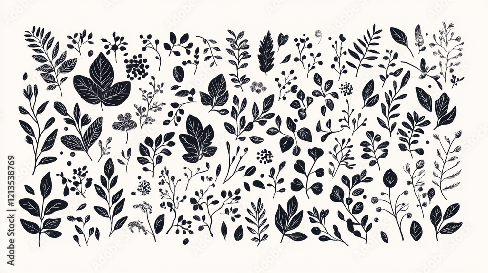 Fototapeta premium Vector hand-drawn leaves and foliage elements set, black ink drawing on a white background.