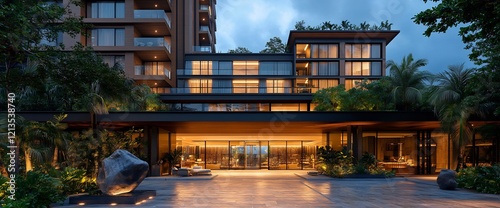Modern hotel entrance at dusk, tropical setting