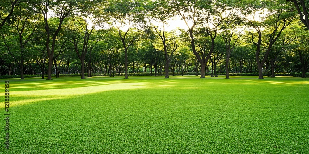 Obraz premium Green grass field lawn background. Vibrant sunny park ideal for themes of spring, earth day or outdoor leisure activities.