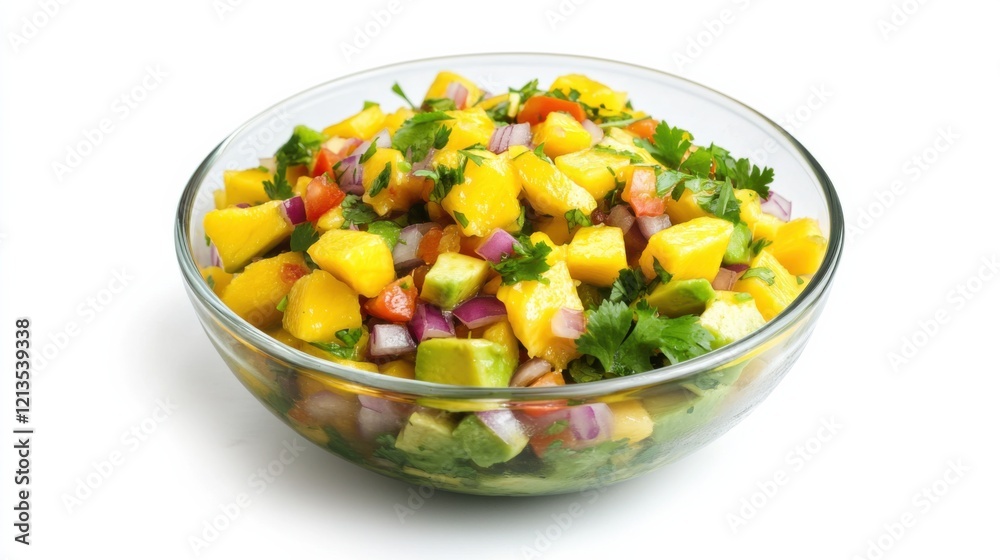 A vibrant bowl of mango avocado salsa with diced mango, avocado, red onion A vibrant bowl of mango avocado salsa with diced mango, avocado, red onion