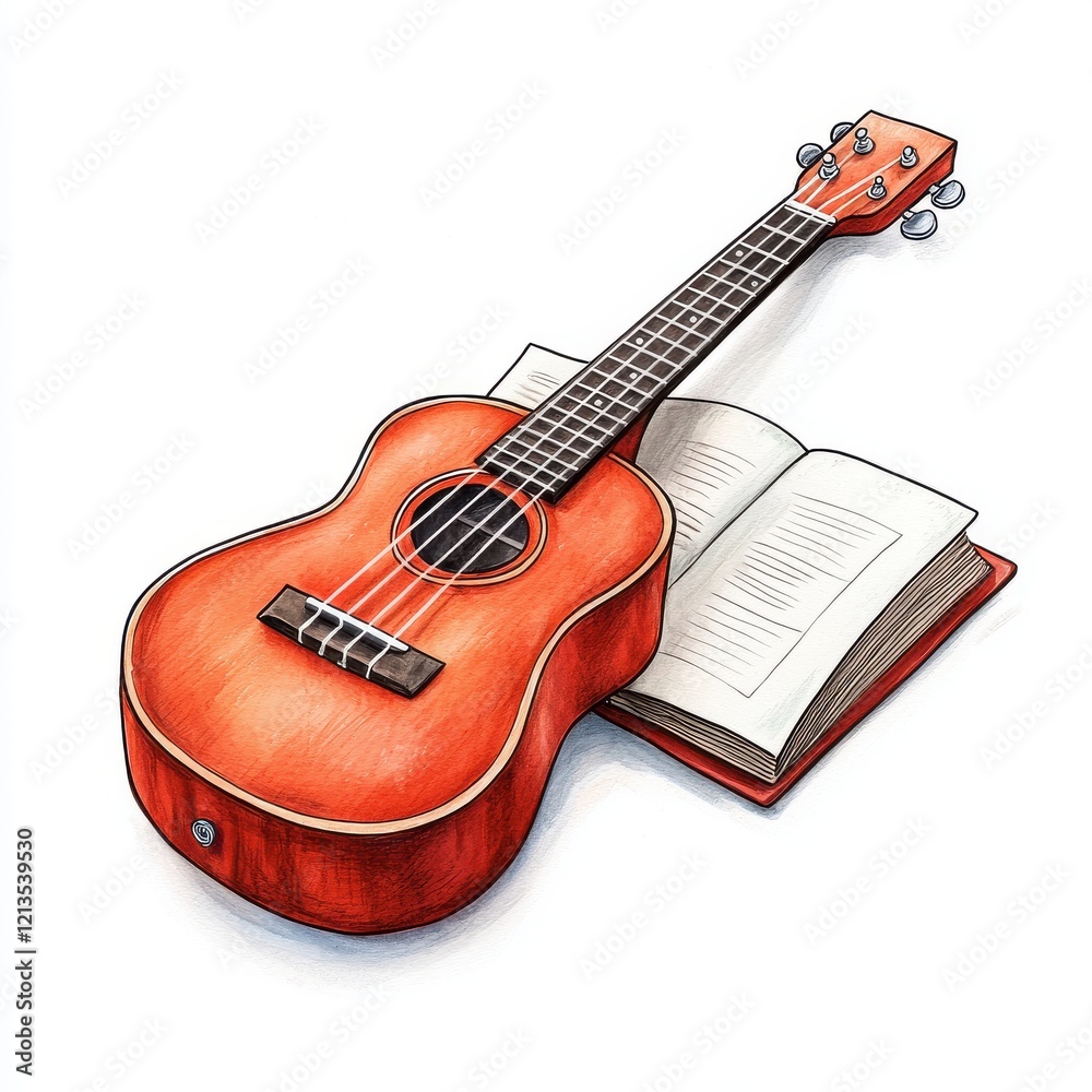 Obraz premium Acoustic Ukulele with Open Book on Wooden Table Surface