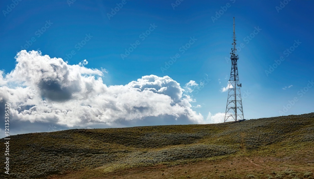 Radio Tower Against Clear Blue Sky with Soft Clouds in the Background Radio Tower Against Clear Blue Sky with Soft Clouds in the Background