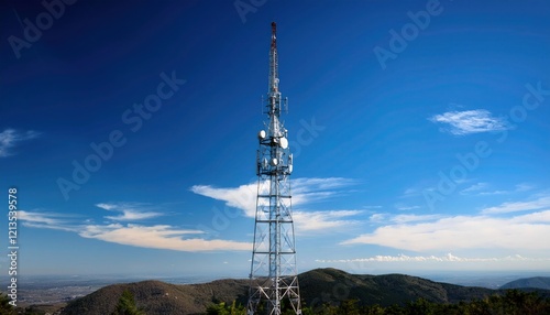 Radio Tower Against Clear Blue Sky with Soft Clouds in the Background photo