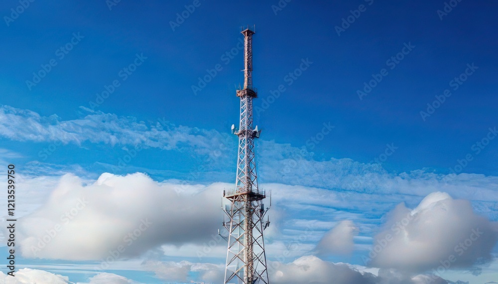 Radio Tower with Clear Blue Sky and Soft Clouds in the Distance Radio Tower with Clear Blue Sky and Soft Clouds in the Distance