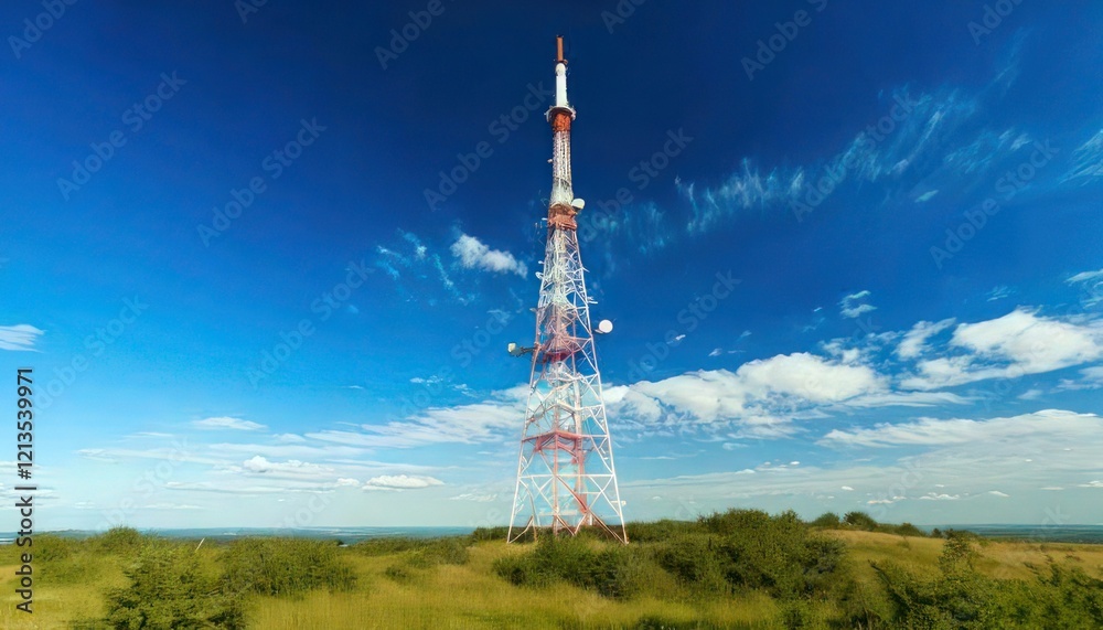 Obraz premium Radio Tower with Clear Blue Sky and Soft Clouds in the Distance