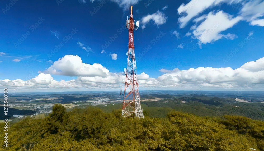 Obraz premium Radio Tower with Clear Blue Sky and Soft Clouds in the Distance