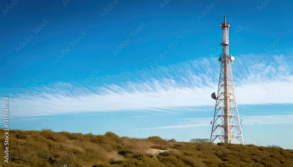 Radio Tower with Clear Blue Sky and Soft Clouds in the Distance Radio Tower with Clear Blue Sky and Soft Clouds in the Distance