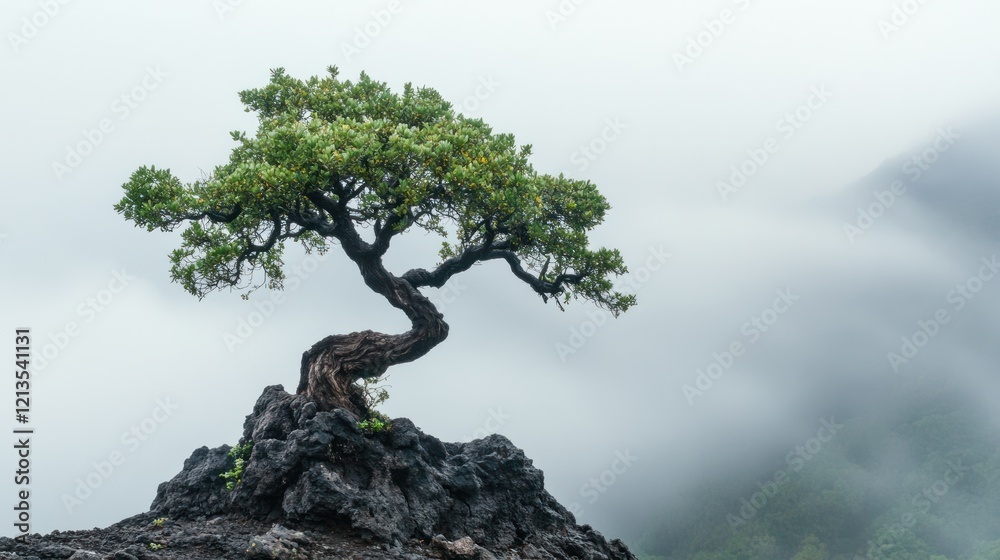 Solitary Tree on Misty Mountaintop: A Serene Landscape Solitary Tree on Misty Mountaintop: A Serene Landscape