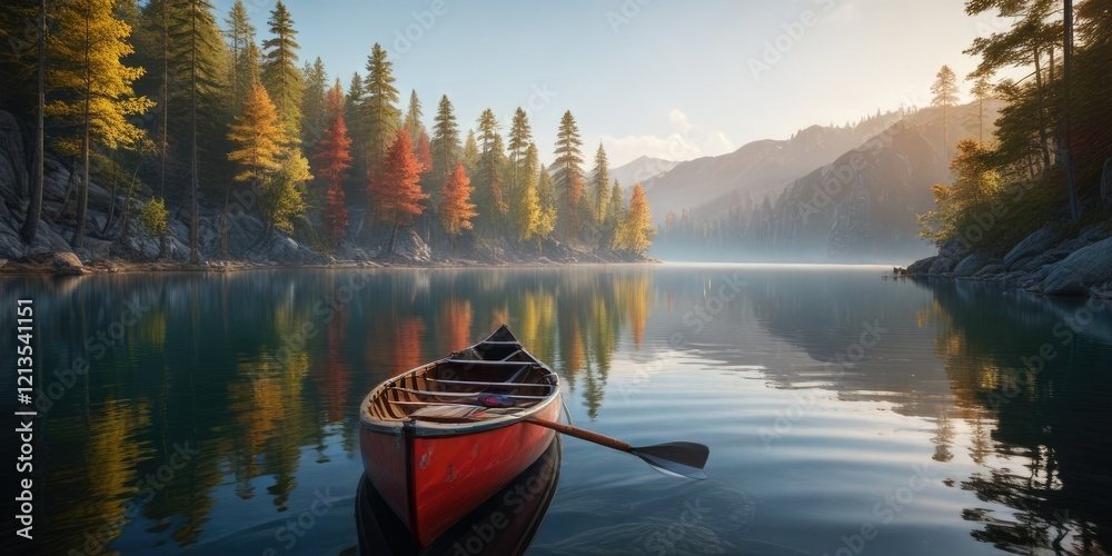Obraz premium canoe drifted on the surface of the calm lake, movement, relaxed