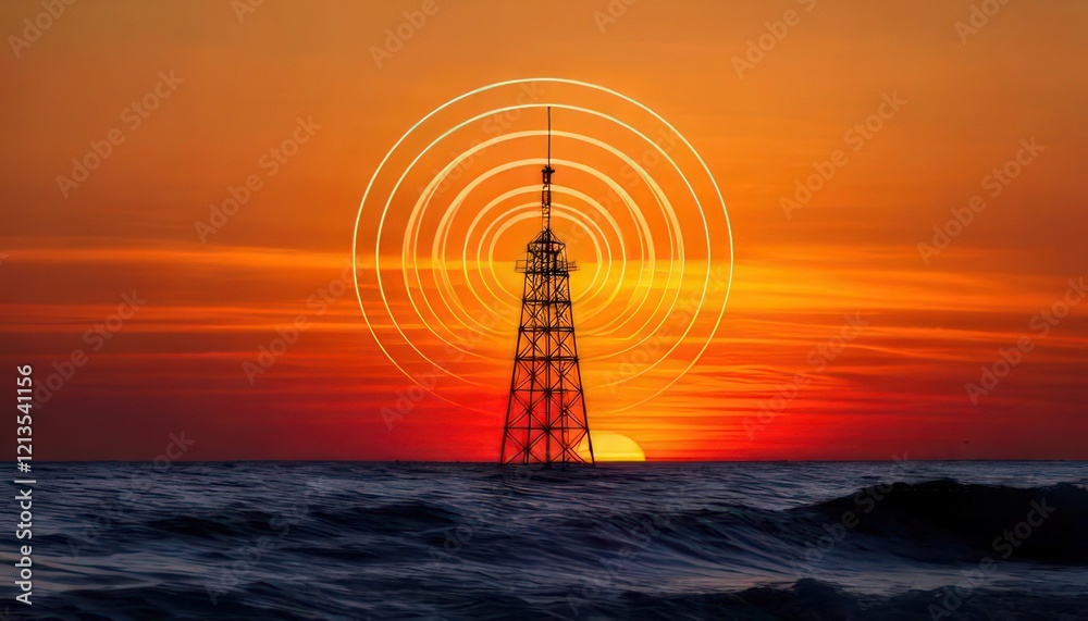 Radio Tower Silhouette with Radiating Waves Against a Sunset Sky Radio Tower Silhouette with Radiating Waves Against a Sunset Sky