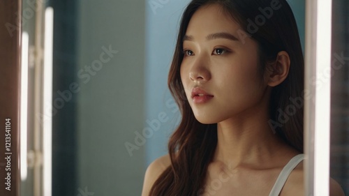 Free Download Asian young woman looking face skin in the mirror  - GFXLoad