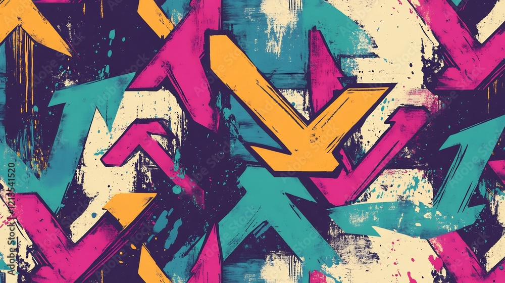 Fototapeta premium Vibrant arrows playfully clash in bold pink teal yellow grunge pattern. AI Generated