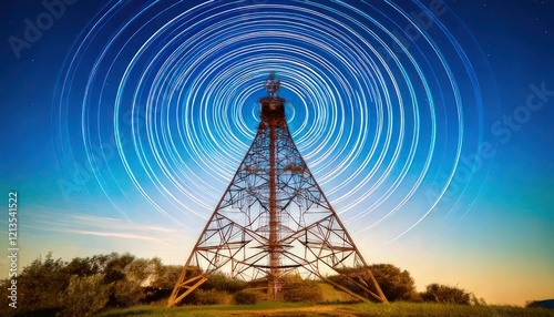 Sleek Metallic Radio Tower with Emitting Waves and Glowing Signal Effect photo