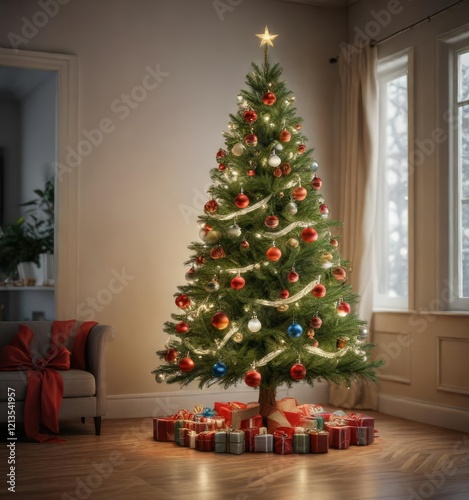 Christmas tree decorated with ornaments and lights, wreaths, festive