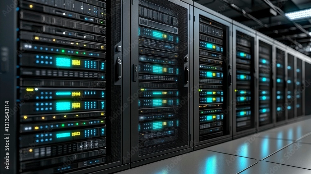 Server room background featuring organized server racks with flashing lights, network cables, and air conditioning units, representing the vital components of a data center. Server room background featuring organized server racks with flashing lights, network cables, and air conditioning units, representing the vital components of a data center.