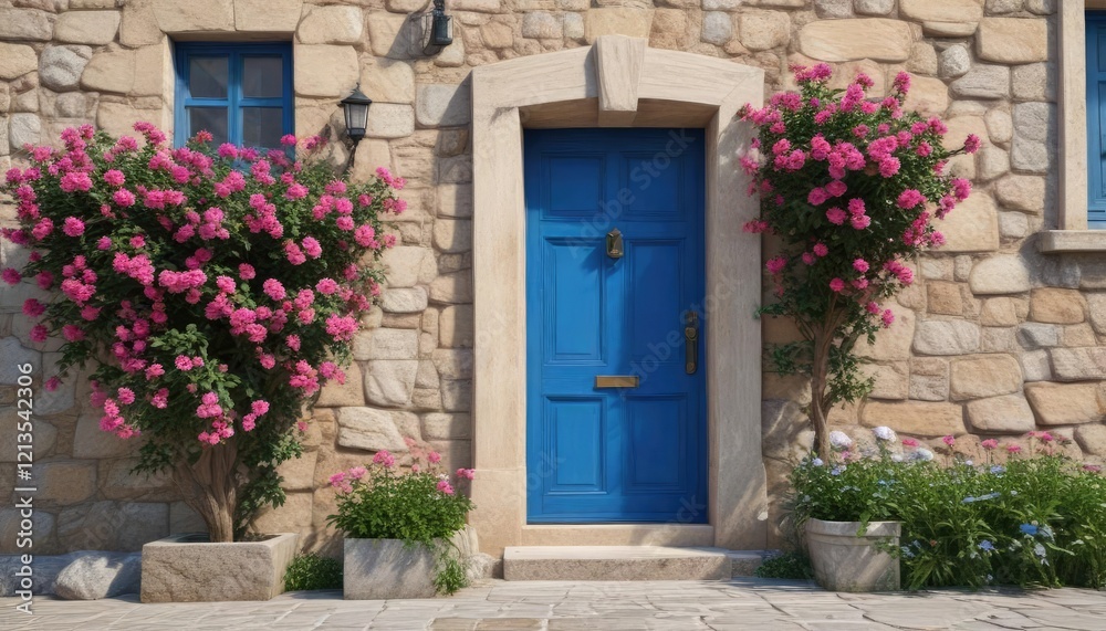 Classic Maltese residence with a blue wood door and climbing pink flowers on the stonework , old building, ornate details, classic maltese house Classic Maltese residence with a blue wood door and climbing pink flowers on the stonework , old building, ornate details, classic maltese house