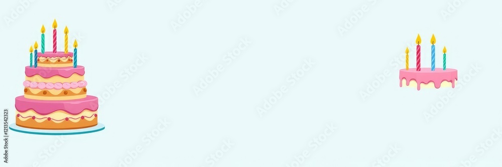 Classic illustration of a traditional birthday cake with multiple tiers and colorful candles on a light blue background, vintage look, classic decor Classic illustration of a traditional birthday cake with multiple tiers and colorful candles on a light blue background, vintage look, classic decor