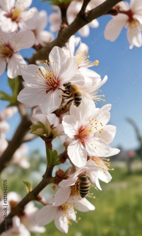 Close-up of a honey bee pollinating apricot blossoms in a garden, flowers, nectar Close-up of a honey bee pollinating apricot blossoms in a garden, flowers, nectar