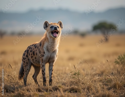 A spotted hyena standing on dry grass, mouth open as if laughing, blurred savanna background.	