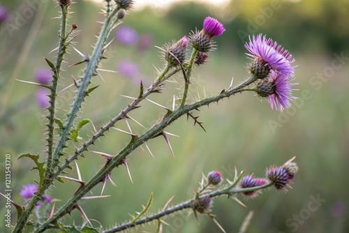 Close-up of thorny stem with purple blooms, wildflowers, bull thistle, flower photo