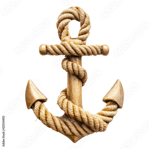 Natural Wooden Anchor Design with Rope Detail on Clear Background photo