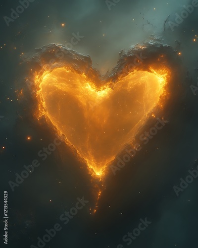 Fiery heart-shaped nebula in dark space.