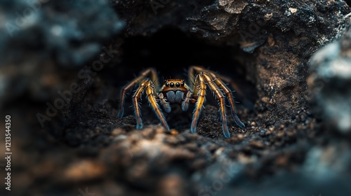 A Golden Huntsman Spider Emerging from its Lair photo