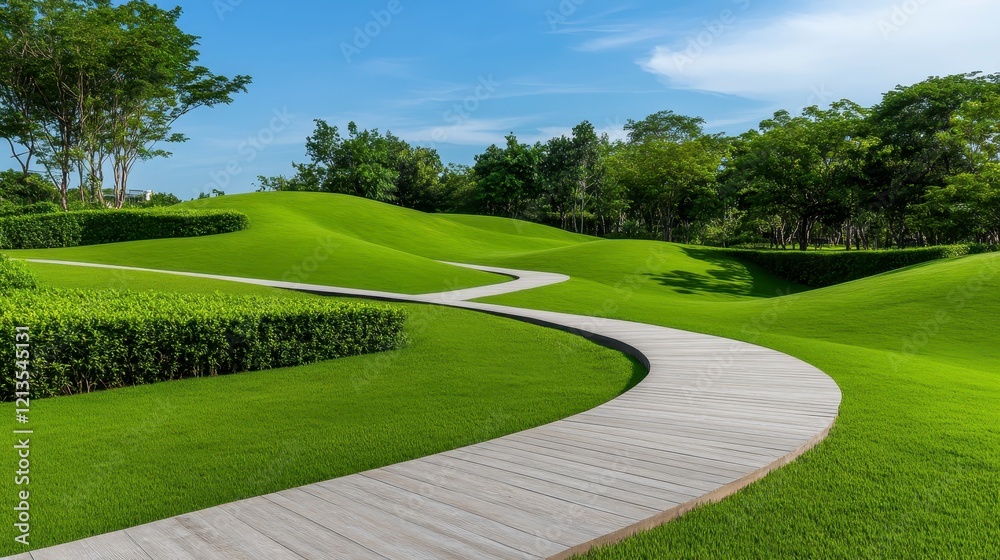 Serene Winding Stone Pathway Through Lush Green Landscape, Tranquil Garden Scene Under Blue Sky Serene Winding Stone Pathway Through Lush Green Landscape, Tranquil Garden Scene Under Blue Sky