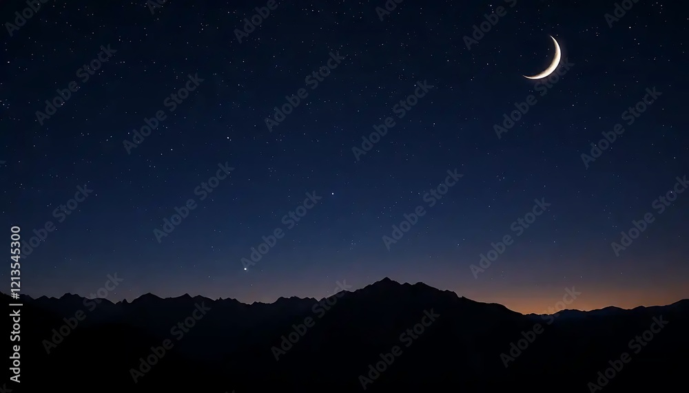Naklejka premium Crescent Moon over Silhouetted Mountain Range at Night
