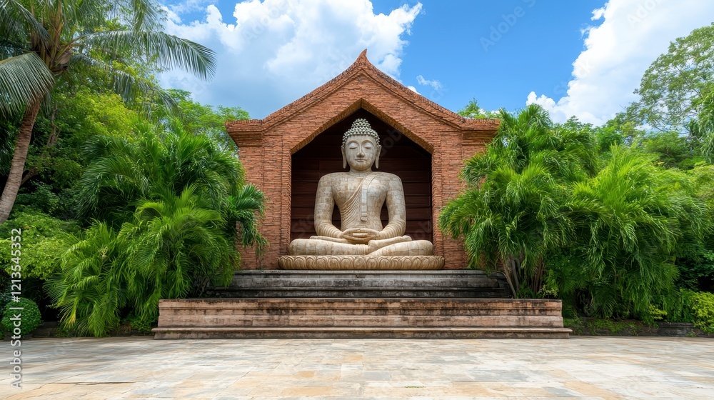 Obraz premium Serene White Stone Buddha Statue in Lush Garden Setting under Partly Cloudy Sky